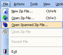 Picture of the Actions menu with the menu item Export to Self-Extracting Zip File selected.