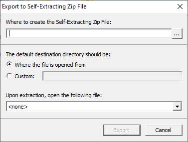 Picture of the Self Extracting Zip File options window.